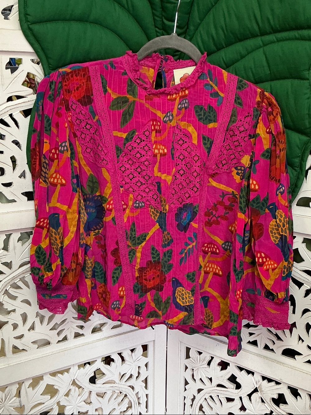 Farm Rio fuschia pink floral, mushroom bird print blouse with lace. Size S.